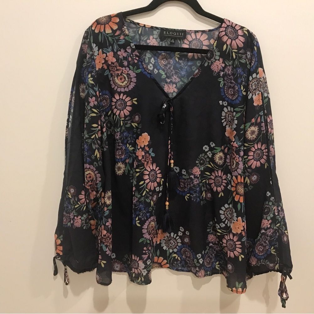 Eloquii Black floral blouse with bell sleeves (18)